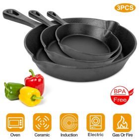 3Pcs Pre-Seasoned Cast Iron Skillet Set 6/8/10in Non-Stick Oven Safe Cookware Heat-Resistant Frying Pan - Black