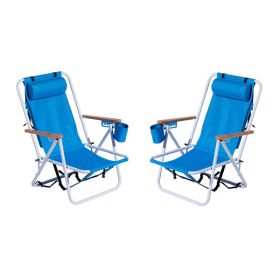 Folding Beach Chair Set of 2 for Adults, 4 Position Portable Backpack Foldable Camping Chair with Headrest Cup Holder and Wooden Armrests, Blue - as p